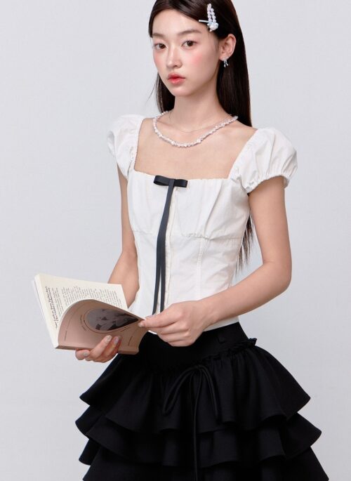 White Square Neck Ribbon Top | Chaeryeong - ITZY