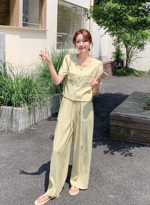 Yellow Casual Relaxed Fit Wide Leg Pants Set