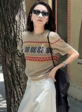Beige Aztec Pattern Knitted T-Shirt | Oh Yi Young – Resident Playbook