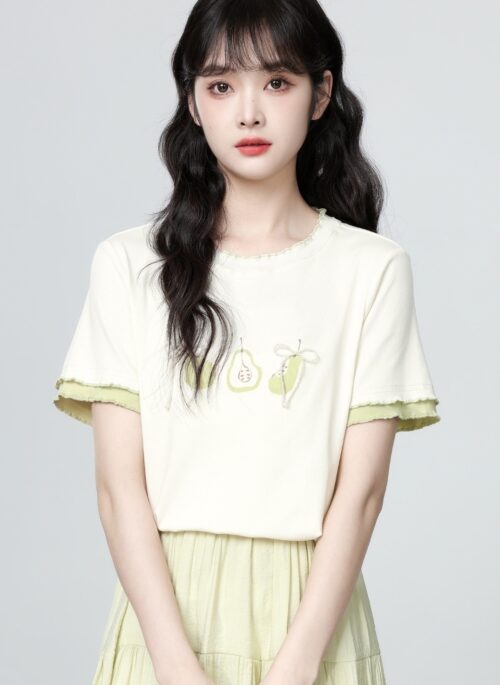 Beige Contrast Ruffle Trim Crew Neck Short Sleeve Tee
