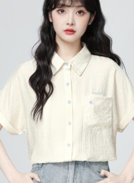 Beige Embroidered Polo Collar Short Sleeve Shirt