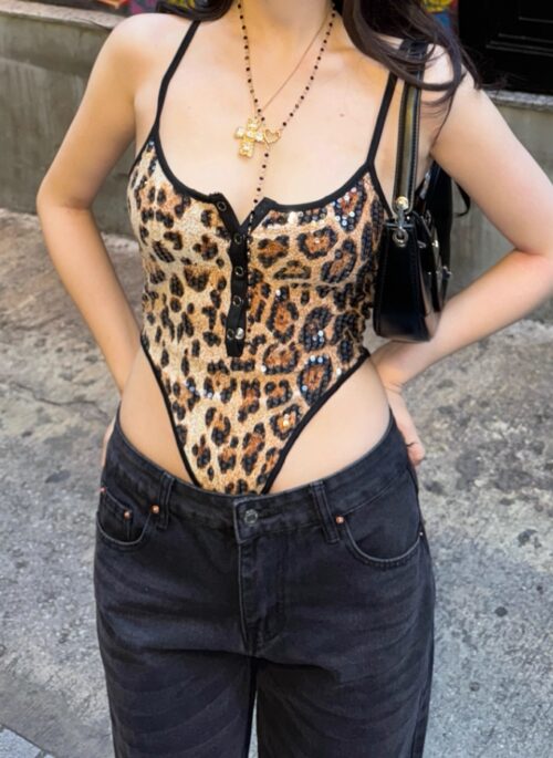 Beige Leopard Pattern Sequins Bodysuit | Megan - KATSEYE