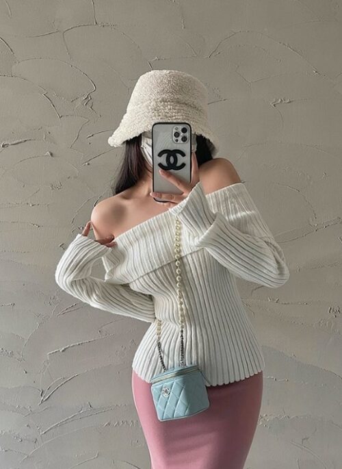 Beige Ribbed Off-Shoulders Sweater | Pyo Nam Kyung – Resident Playbook
