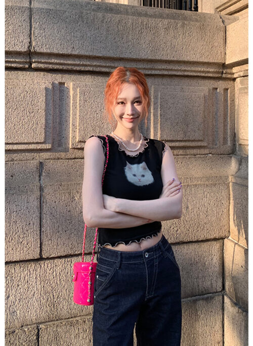 Black Cat Print Lettuce Trim Top | Nayeon - Twice