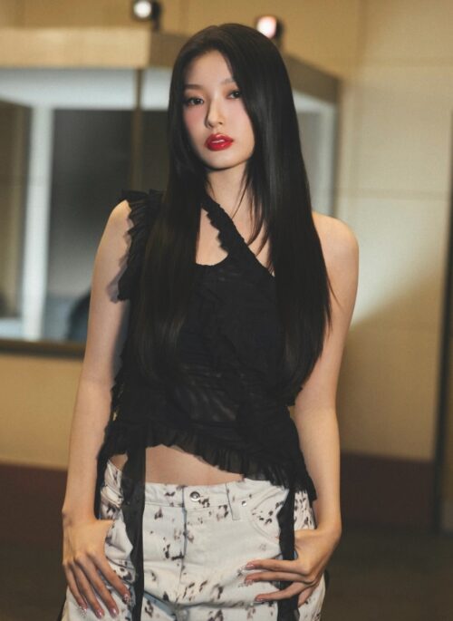 Black One Shoulder Jellyfish Ruffles Mesh Top | Yoonchae – KATSEYE