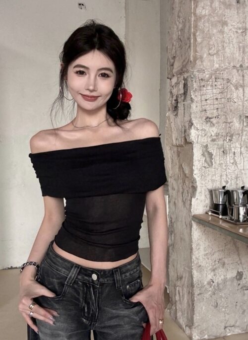Black See-Through Off-Shoulder Top | Jennie – BlackPink