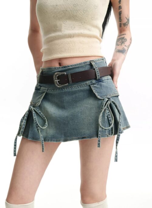 Blue Double Bow Denim Skirt | Megan – KATSEYE