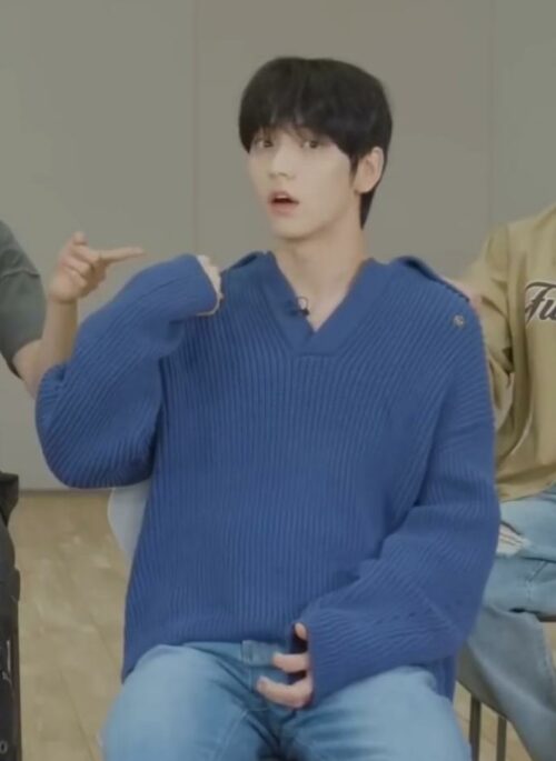Blue Oversized Waffle-Knit Hoodie | Soobin - TXT