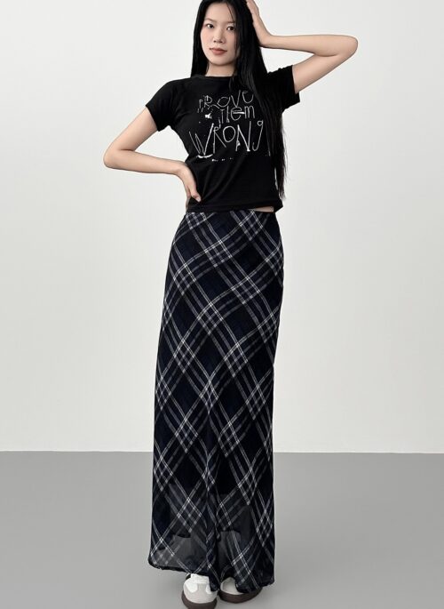 Blue Plaid Chiffon Mermaid Midi Skirt