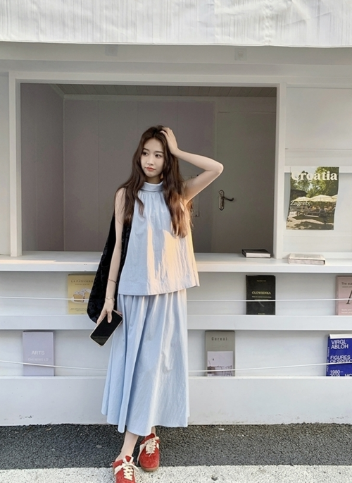 Blue Sleeveless Button Top And Skirt Set