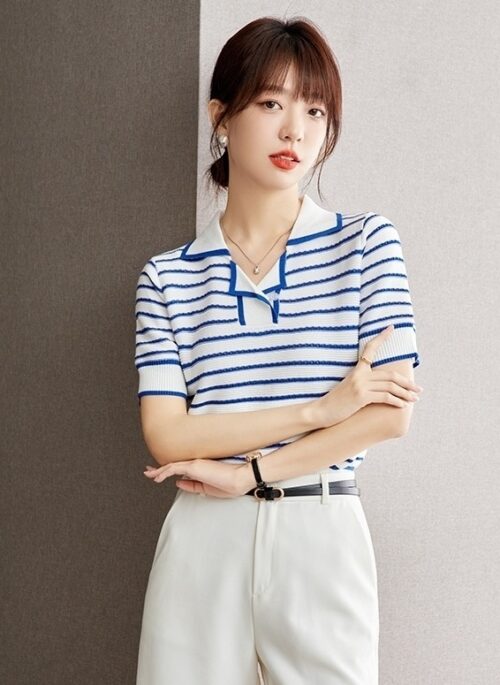 Blue Stripes Double Collar Polo Shirt | Oh Ju Yeong – Resident Playbook