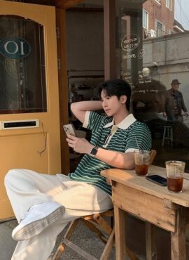 Colorblock Striped Knit Polo Casual Short Sleeve Top