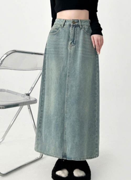 Denim Midi A Line Skirt With Front Slit