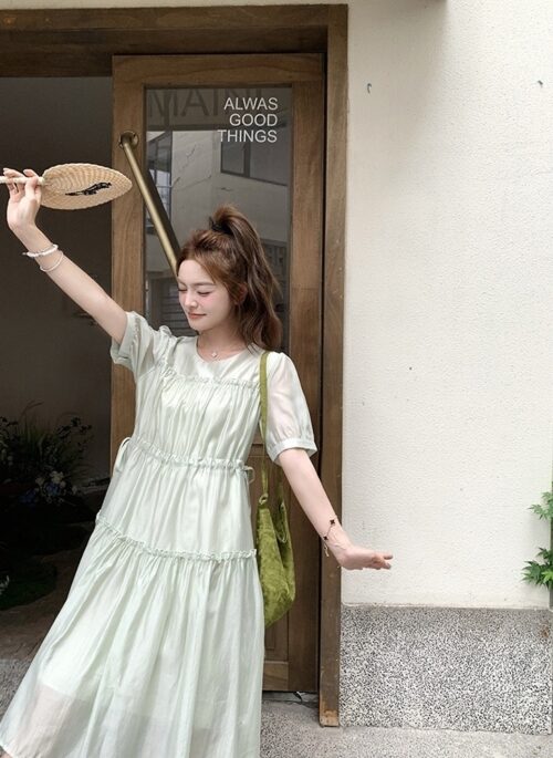 Elegant Green Casual French Style High Waist Dress