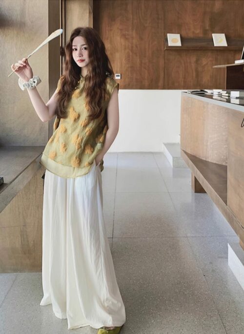 Elegant Jacquard Vintage Top And Wide Leg Pants Set