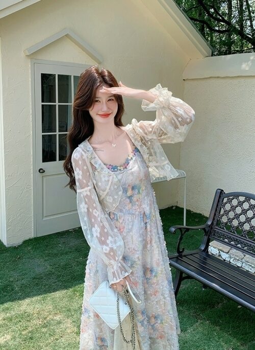 Elegant Lace Embroidered Cardigan And Jacquard Dress Set