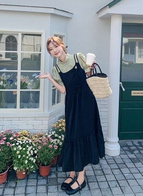Elegant Ruffle Contrast Collar Puff Sleeve Midi Dress