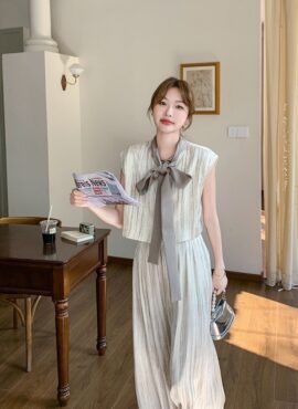Elegant Striped Bow Top Wide Leg Pants Set