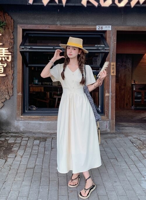 Elegant V Neck French Style Shirt Dress