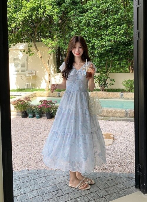 Embroidered Blue Off Shoulder Vacation Maxi Dress