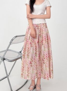 Floral Pleated High Waist Midi Skirt