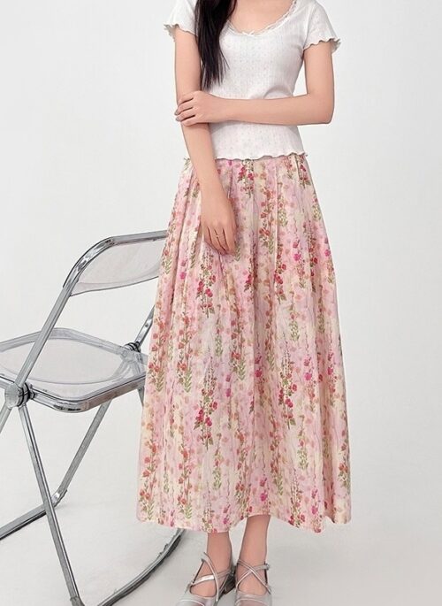 Floral Pleated High Waist Midi Skirt