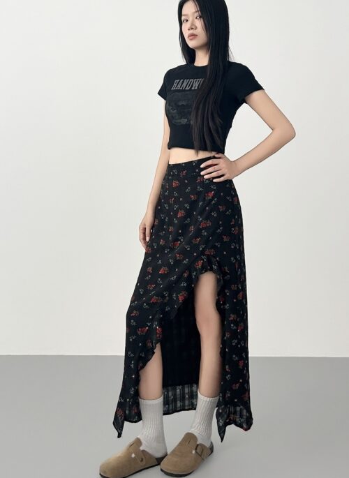 Floral Ruffled High Waist Slit Midi Skirt