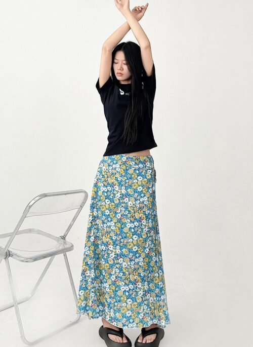 Floral Tie Waist Vacation A Line Midi Skirt