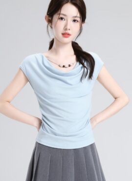 French Blue Beaded Short Sleeve Slim Fit Top