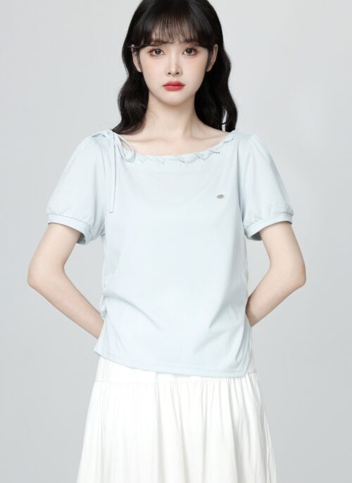 French Blue Lace Up Irregular Short Sleeve Top