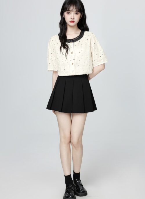 French Lace Polka Dot Puff Sleeve Blouse