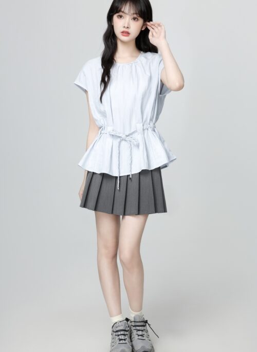 French Style Light Blue Short Sleeve Tie Waist Blouse