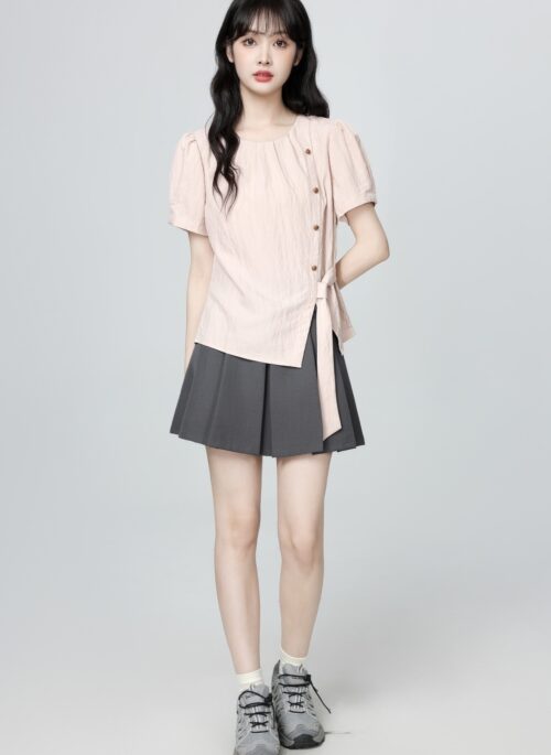 French Style Pink Puff Sleeve Tie Blouse