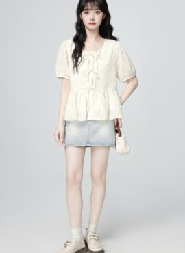 French Style Puff Sleeve Bow Tie Short Sleeve Blouse