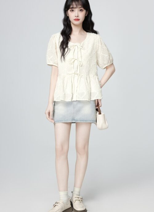 French Style Puff Sleeve Bow Tie Short Sleeve Blouse