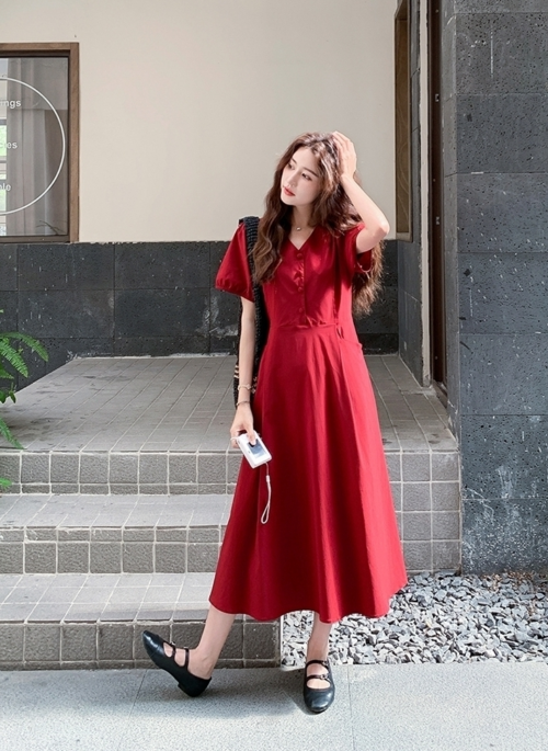 French Vintage Red V Neck Flowy Vacation Dress