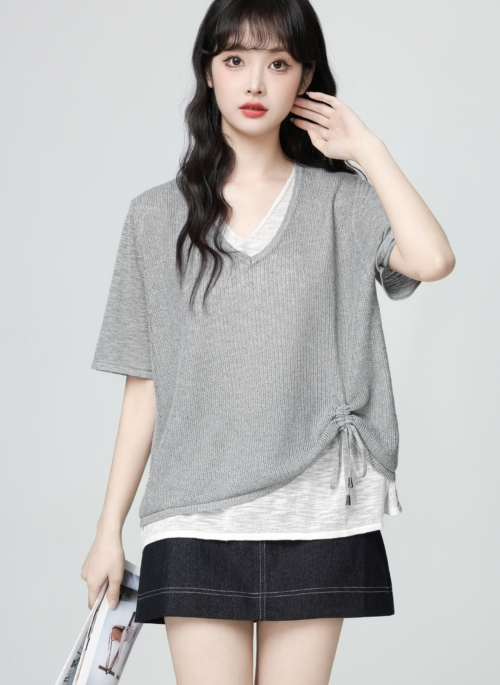 Gray Colorblock V Neck Drawstring Knit Short Sleeve Top