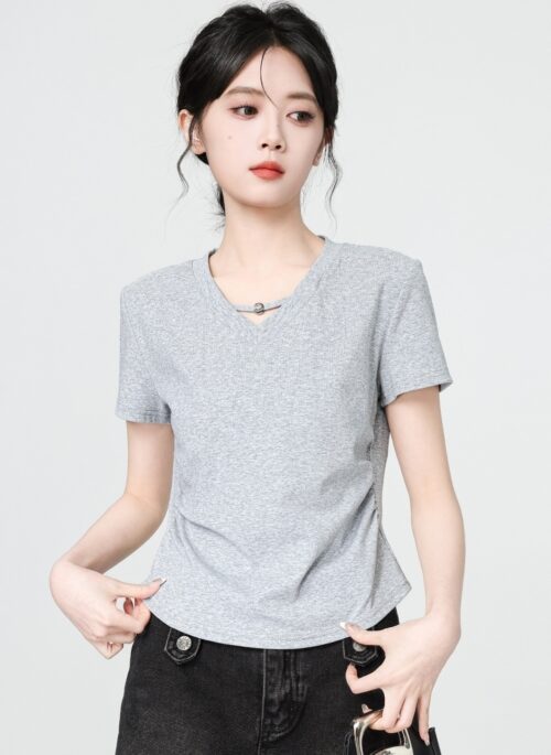Gray Slim Fit V Neck Short Sleeve Top