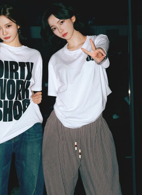 Grey Pinstripe Pleated Wide-Leg Pants | Karina - Aespa