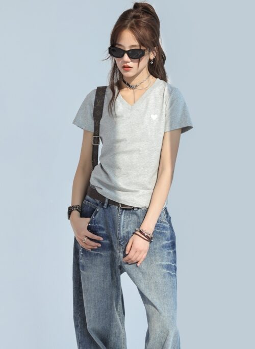 Heart Embroidered V Neck Short Sleeve Cooling Top