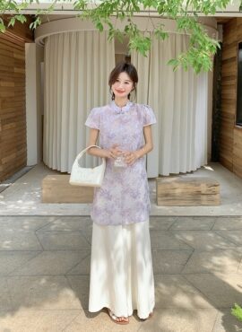 Light Purple Jacquard Modern Chinese Style Pant Set
