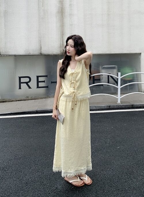 Light Yellow French Style Fringe Vest Skirt Set