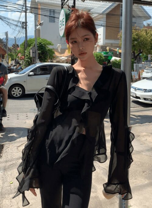 Black Sheer Ruffled Long Sleeve Top | Somi