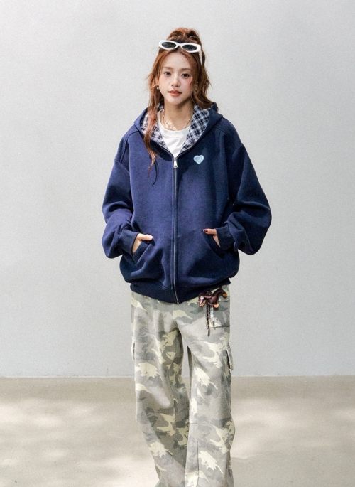 Plaid Embroidered Patchwork Sweatshirt Jacket
