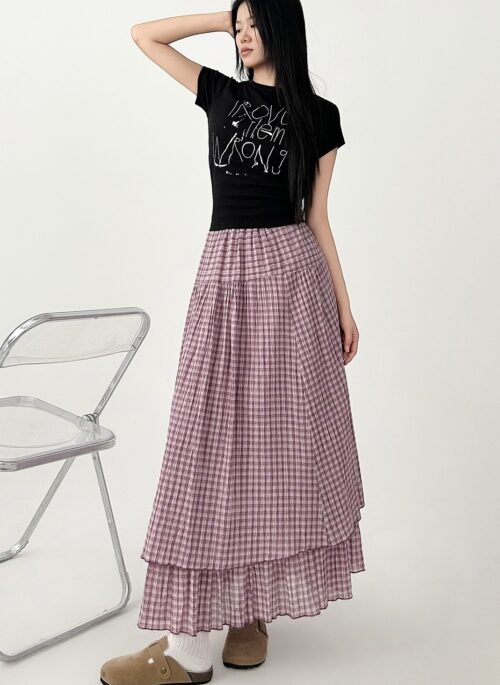 Plaid High Waist Layered A Line Maxi Skirt