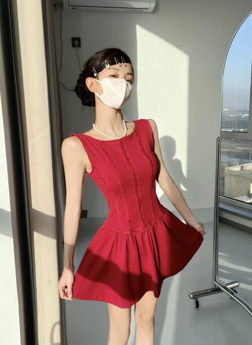 Red Lace Lining Buttoned Dress | Ahyeon – BabyMonster