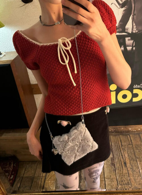 Red Puff Sleeve Tie-Front Knit Top | Eunchae – Le Sserafim