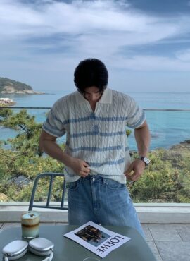 Relaxed Knit Striped Polo Short Sleeve Top