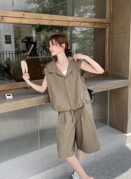 Retro Hooded Vest Sun Protection Casual Shorts Set