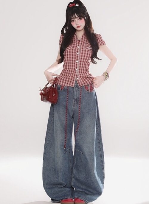 Retro Plaid Polo Collar Slim Fit Short Sleeve Shirt